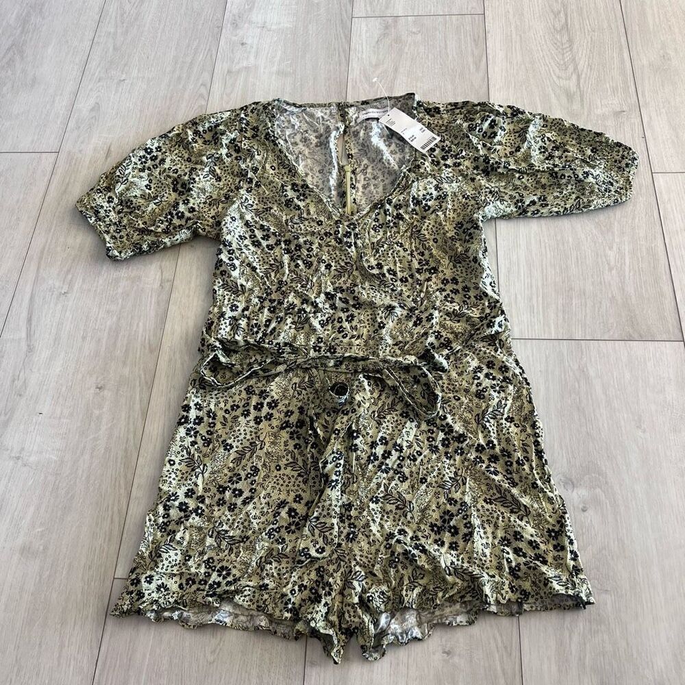 Urban Outfitters UO Sorrento Floral Print Green Black Wrap Romper Size L